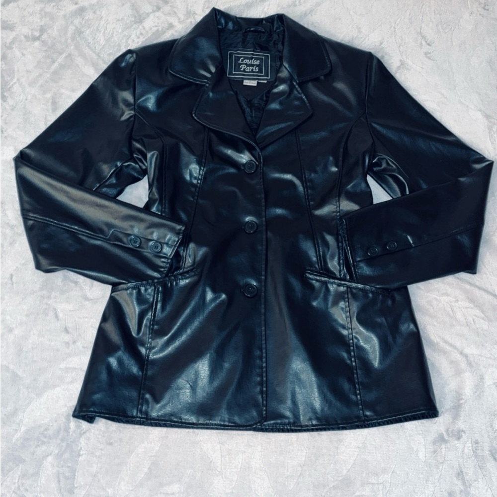 90s Y2K Style Black Faux Leather Peacoat Blazer Jacket, Women’s Large